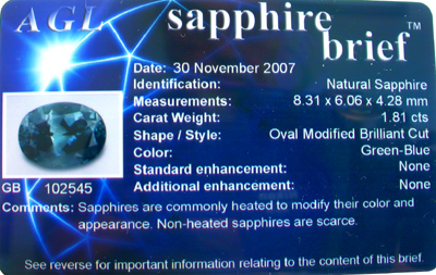 SAPPHIRE, GREEN-BLUE, AGL  UNHEATED (Africa) – 1.81 ct. -- VIDEO